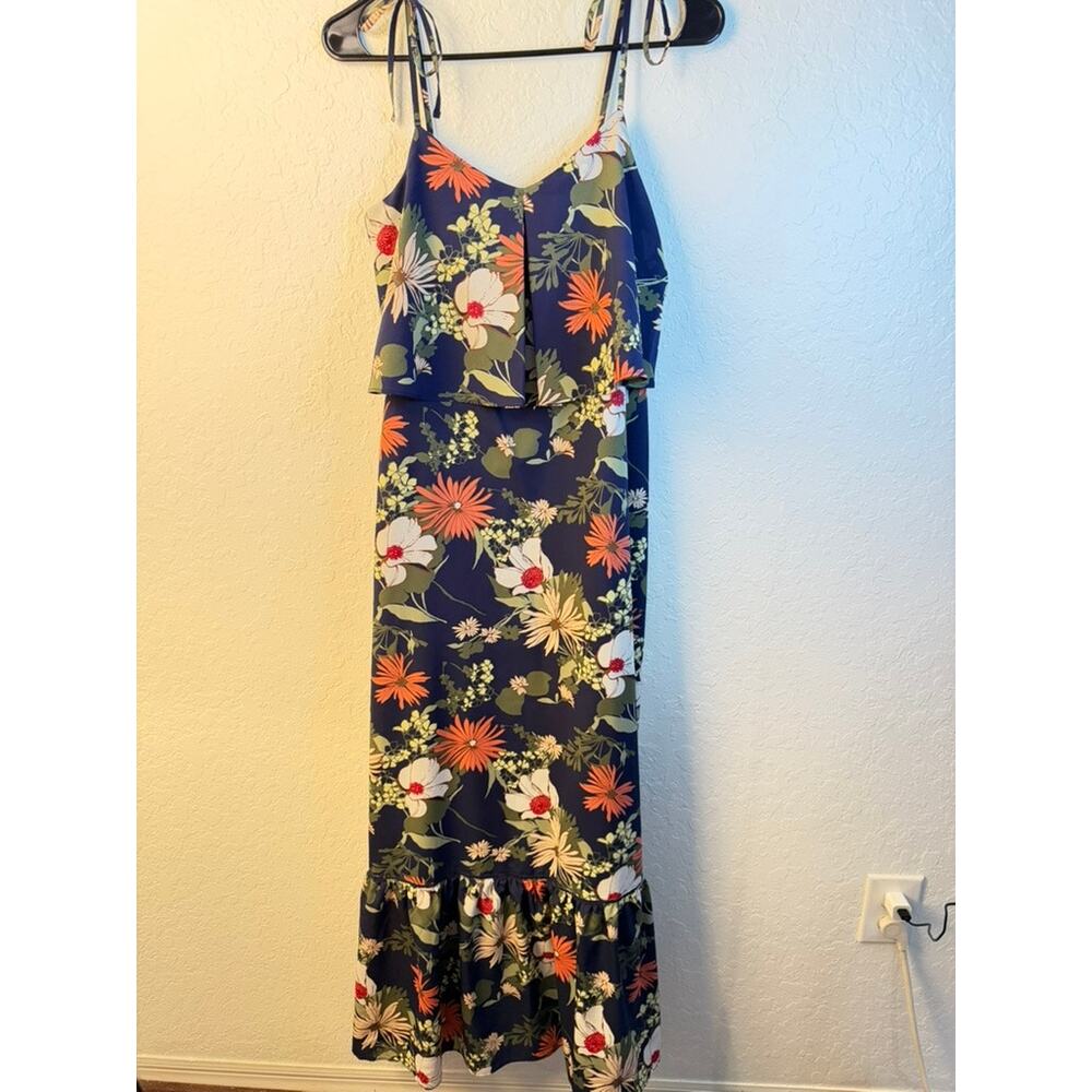 Banana Republic Navy Blue Floral Tie Strap Ruffle Overlay Maxi Dress Size 0
